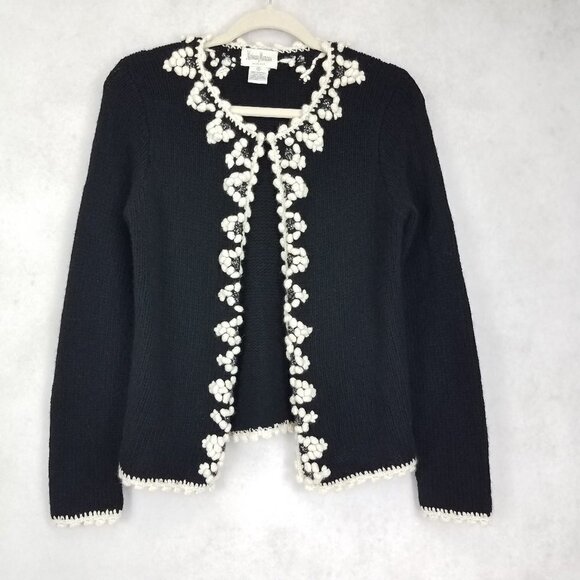 Neiman Marcus Women's S Hand Knit Cashmere Cardigan Sweater Black / Ivory - Picture 1 of 11